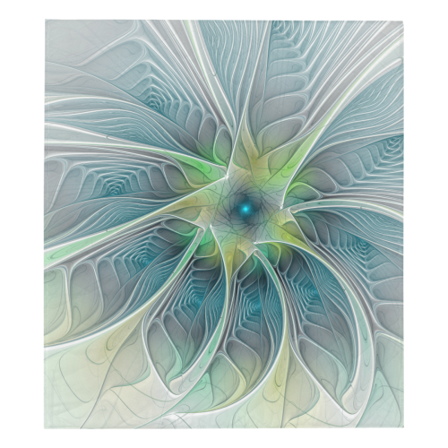 Floral Fantasy Abstract Blue Green Fractal Art Flower Quilt 70"x80"
