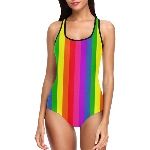 rainbow stripes multicolor neon striped pride Vest One Piece Swimsuit (Model S04)