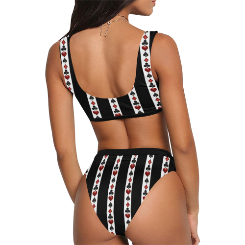 Playing Card Symbols Stripes Sport Top & High-Waisted Bikini Swimsuit (Model S07)
