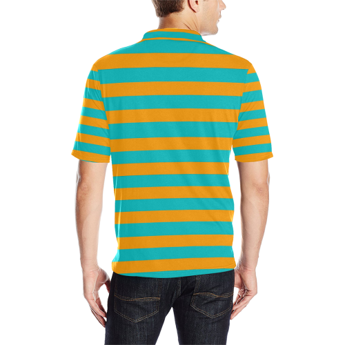 Orange Aqua Stripes Men's All Over Print Polo Shirt (Model T55)