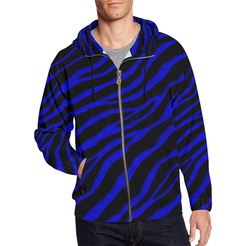 Ripped SpaceTime Stripes - Blue All Over Print Full Zip Hoodie for Men/Large Size (Model H14)
