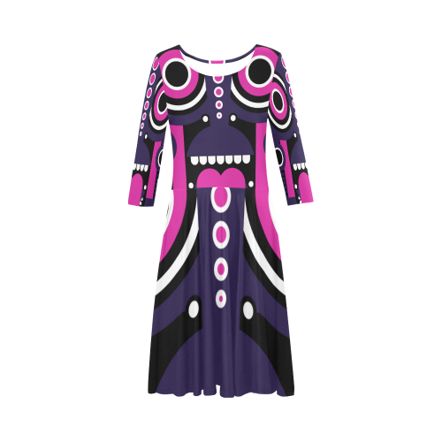 Pink Purple Tiki Tribal Elbow Sleeve Ice Skater Dress (D20)