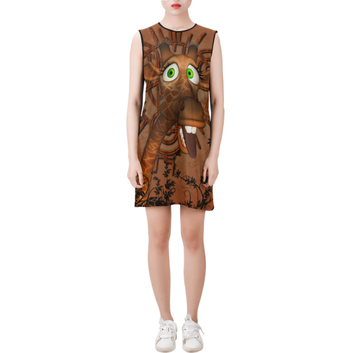Sweet, happy giraffe Sleeveless Round Neck Shift Dress (Model D51)