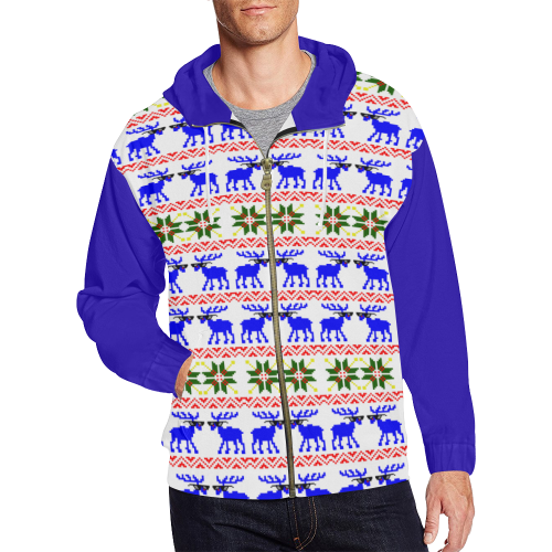 Christmas Reindeer Ugly Sweater "Deal With It" (Vest Style) Blue All Over Print Full Zip Hoodie for Men (Model H14)
