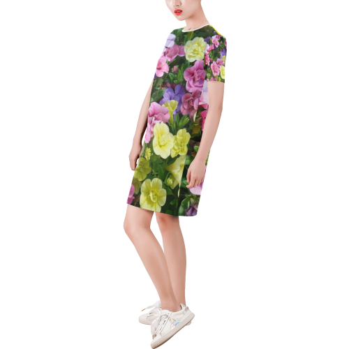 lovely flowers 17 by JamColors Short-Sleeve Round Neck A-Line Dress (Model D47)