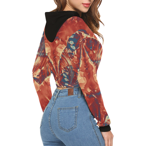 Abstract Fractal Painting - dark red blue beige All Over Print Crop Hoodie for Women (Model H22)