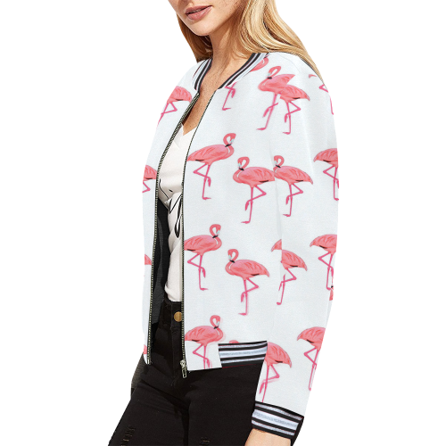 Pretty Pink Flamingo Pattern All Over Print Bomber Jacket for Women (Model H21)