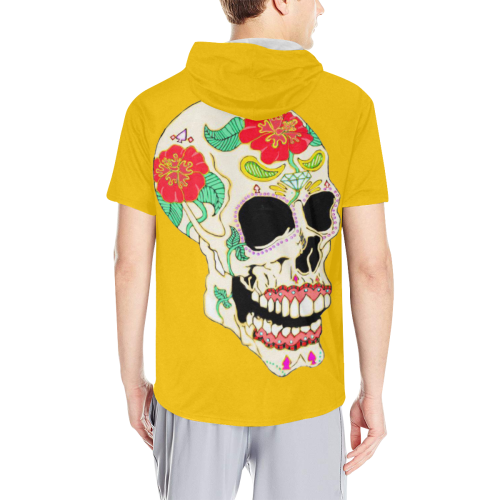 Flower Sugar Skull Yellow All Over Print Short Sleeve Hoodie for Men (Model H32)