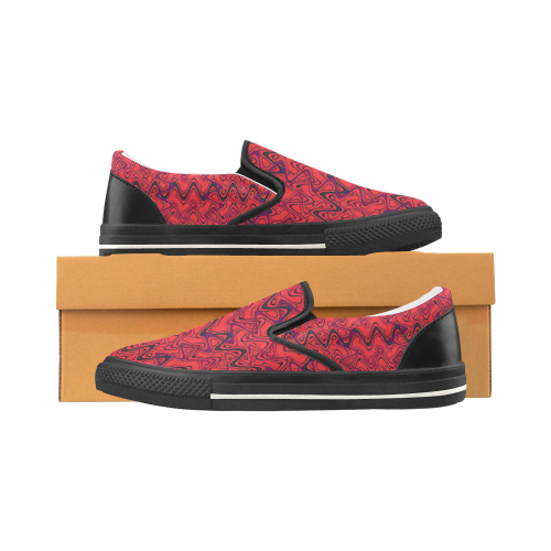 Red and Black Waves pattern design Women's Slip-on Canvas Shoes/Large Size (Model 019)