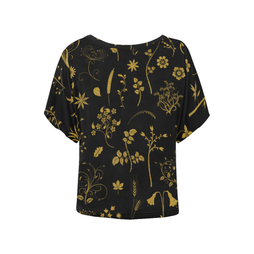Ethno Floral Elements Pattern Gold 1 Women's Batwing-Sleeved Blouse T shirt (Model T44)
