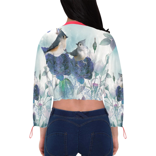 Cute birds with blue flowers Cropped Chiffon Jacket for Women (Model H30)