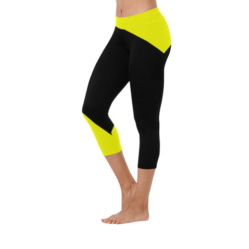 Bright Neon Yellow / Black Women's Low Rise Capri Leggings (Invisible Stitch) (Model L08)
