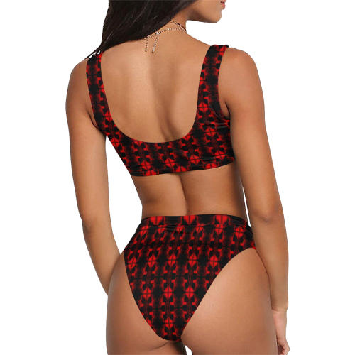 Abstract Flowing * Red on Black Sport Top & High-Waisted Bikini Swimsuit (Model S07)