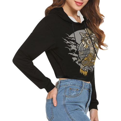 Retro Futurism Steampunk Electic World Owl 2 All Over Print Crop Hoodie for Women (Model H22)