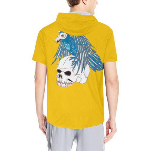 Raven Sugar Skull Yellow All Over Print Short Sleeve Hoodie for Men (Model H32)