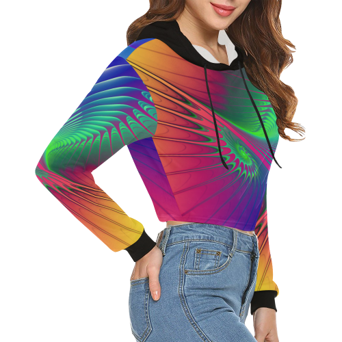 PSYCHEDELIC FRACTAL SPIRAL - Neon Colored All Over Print Crop Hoodie for Women (Model H22)