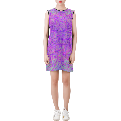 Hot Pink and Purple Abstract Branch Pattern Sleeveless Round Neck Shift Dress (Model D51)