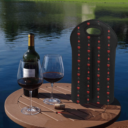 Las Vegas  Black and Red Casino Poker Card Shapes on Black 2-Bottle Neoprene Wine Bag