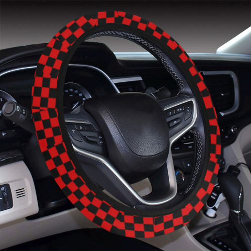 Checkerboard Black And Red Steering Wheel Cover with Elastic Edge