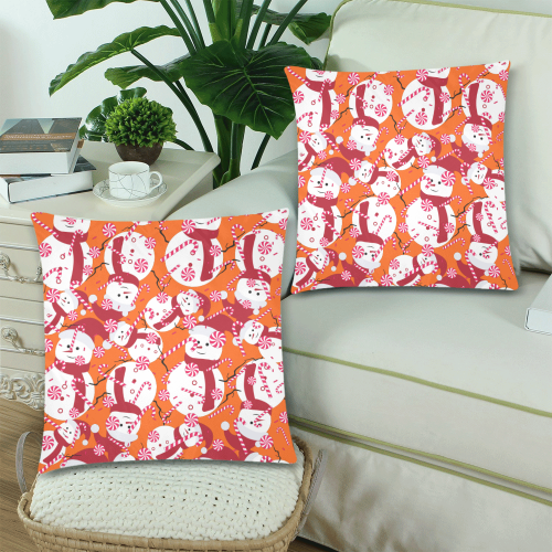 CandyCANE SNOWMAN CHRISTMAS ORANGE Custom Zippered Pillow Cases 18"x 18" (Twin Sides) (Set of 2)
