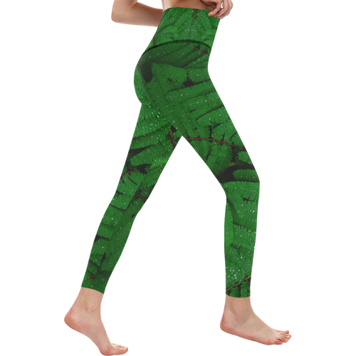 Forest Green Plants with Dew Photo Women's All Over Print High-Waisted Leggings (Model L36)