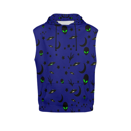 Alien Flying Saucers Stars Pattern on Blue All Over Print Sleeveless Hoodie for Men (Model H15)