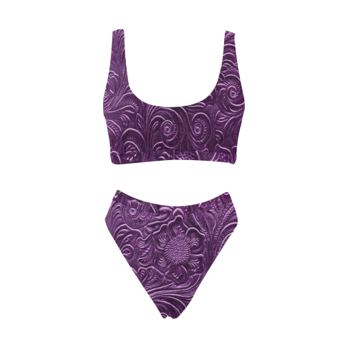 Embossed Purple Flowers Sport Top & High-Waisted Bikini Swimsuit (Model S07)