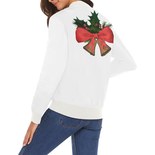 xmas bells decoration on white background with red ribbon All Over Print Bomber Jacket for Women (Model H19)