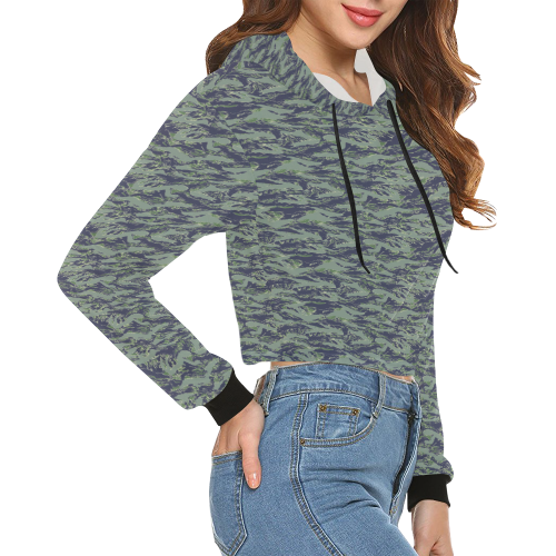 Jungle Tiger Stripe Green Camouflage All Over Print Crop Hoodie for Women (Model H22)