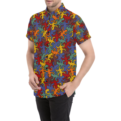 Gecko Reptiles Mosaic Bauhaus Pattern Men's All Over Print Short Sleeve Shirt (Model T53)