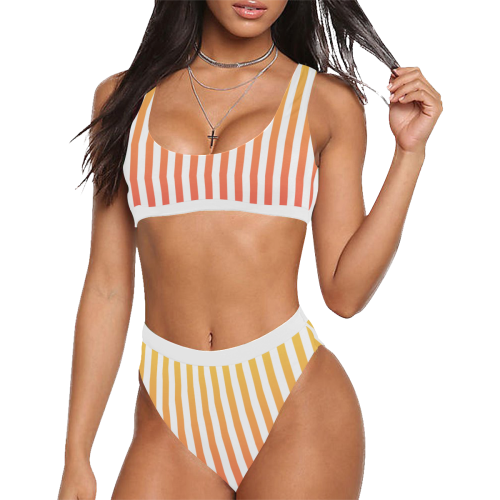 Yellow Orange Stripes on White Sport Top & High-Waisted Bikini Swimsuit (Model S07)