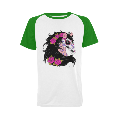 Sugar Skull Horse Pink Roses Green Men's Raglan T-shirt Big Size (USA Size) (Model T11)