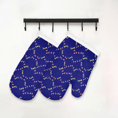 Festive Christmas Lights on Blue Oven Mitt (Two Pieces)