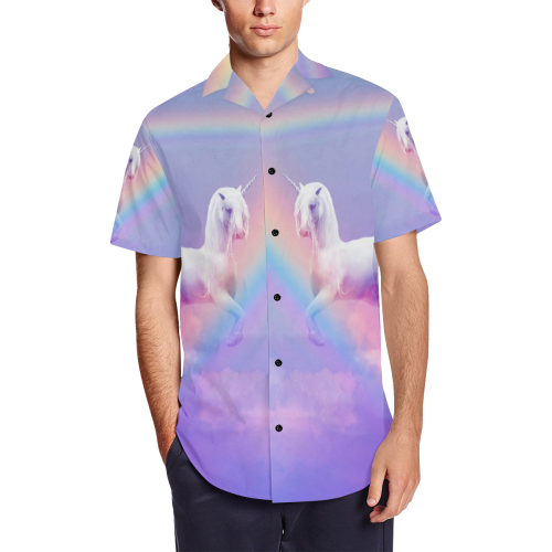 Unicorn and Rainbow Men's Short Sleeve Shirt with Lapel Collar (Model T54)