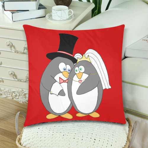 Penguin Wedding Red Custom Zippered Pillow Cases 18"x 18" (Twin Sides) (Set of 2)