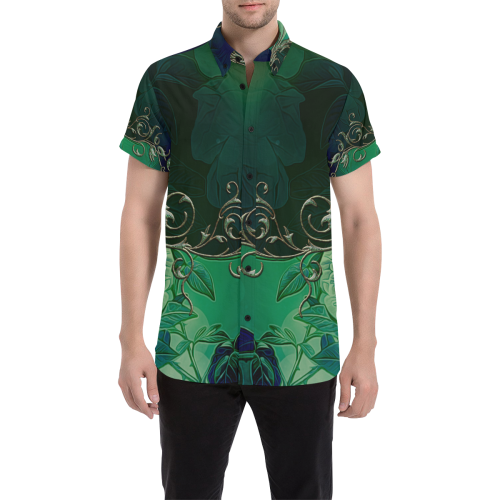 Green floral design Men's All Over Print Short Sleeve Shirt (Model T53)