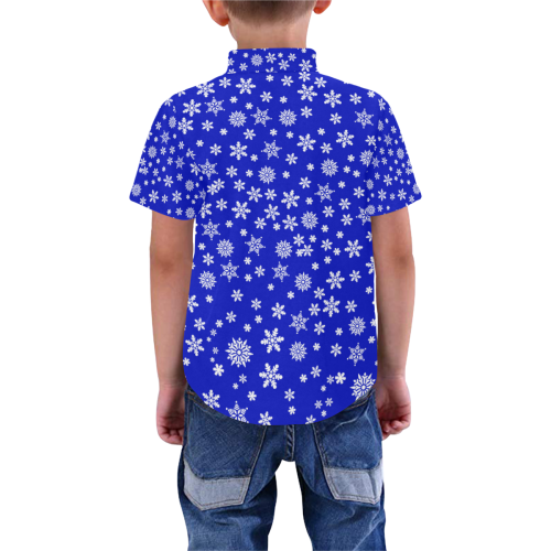 Christmas White Snowflakes on Blue Boys' All Over Print Short Sleeve Shirt (Model T59)