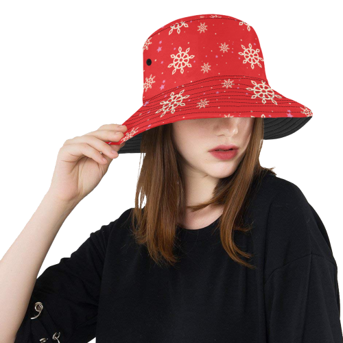 white xmas snowflakes on red background All Over Print Bucket Hat