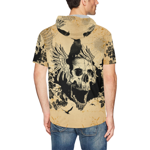 Awesome skull with crow All Over Print Short Sleeve Hoodie for Men (Model H32)