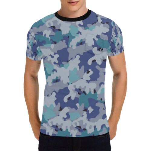 CAMOUFLAGE-BLUE Men's All Over Print T-Shirt with Chest Pocket (Model T56)