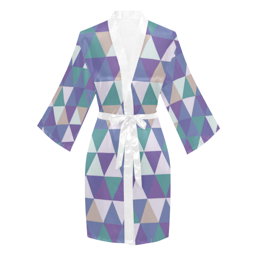 Purple Green Beige Abstract Triangles Long Sleeve Kimono Robe