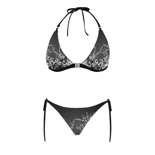 Flowers in black and white Buckle Front Halter Bikini Swimsuit (Model S08)