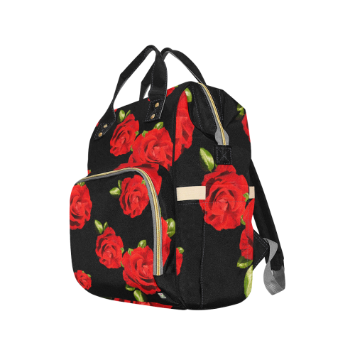 Fairlings Delight's Black Luxury Collection- Red Rose Multi-Function Diaper Backpack 53086c Multi-Function Diaper Backpack/Diaper Bag (Model 1688)