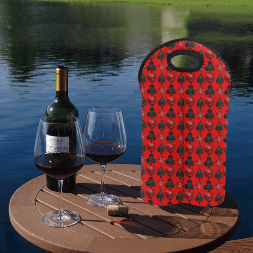 Las Vegas Black and Red Casino Poker Card Shapes on Red 2-Bottle Neoprene Wine Bag