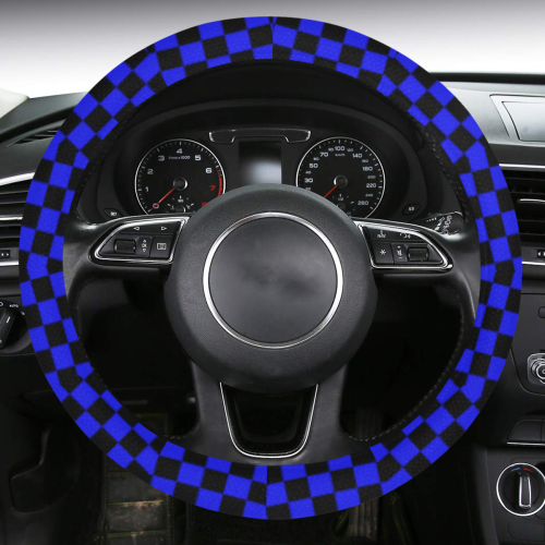 Checkerboard Black And Blue Steering Wheel Cover with Anti-Slip Insert