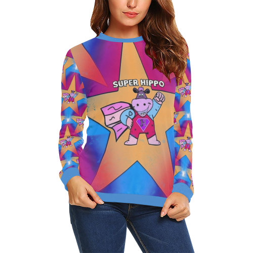 Super Hippo Popart by Nico Bielow All Over Print Crewneck Sweatshirt for Women (Model H18)