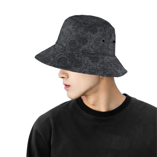 Denim with vintage floral pattern, black grey All Over Print Bucket Hat for Men