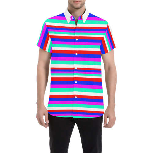 Colored Stripes - Fire Red Royal Blue Pink Mint Wh Men's All Over Print Short Sleeve Shirt/Large Size (Model T53)