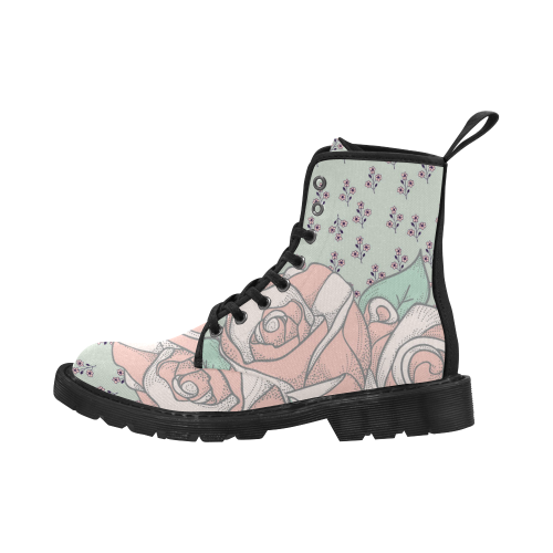 Floral Pastel Pink and Seagreen Martin Boots for Women (Black) (Model 1203H)