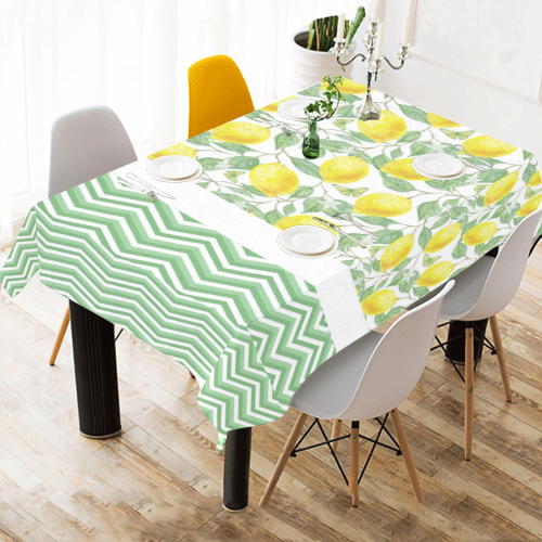 Lemons With Chevron Cotton Linen Tablecloth 60"x 84"
